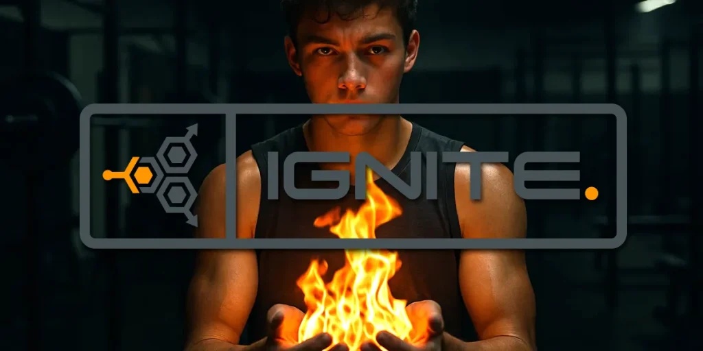 Athlete in the gym holding fire in his hands with Ignite logo overlay