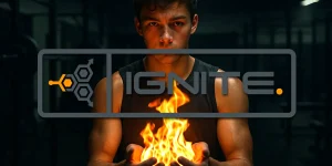 Athlete in the gym holding fire in his hands with Ignite logo overlay