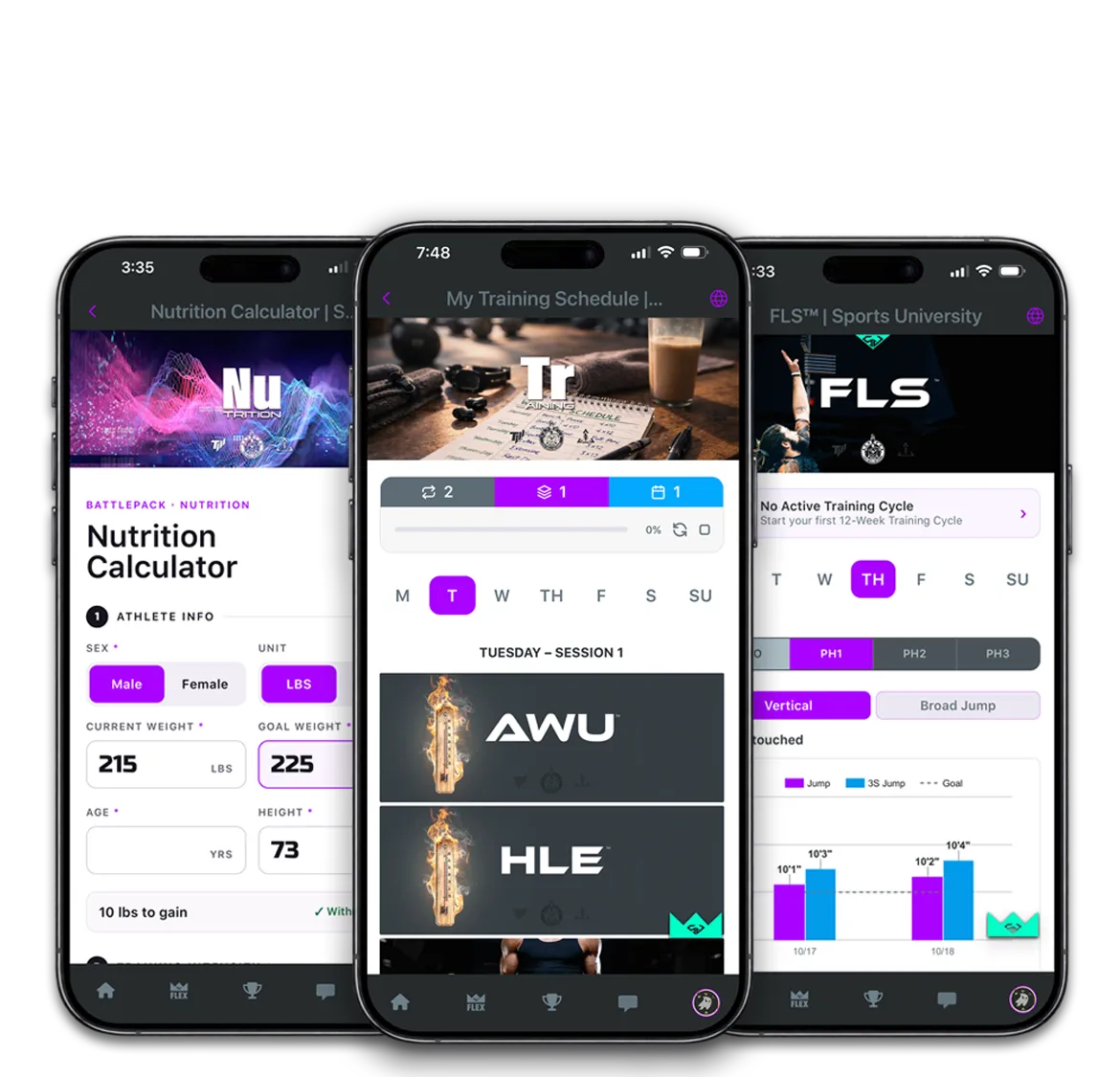 BattlePack in the Sports University app: Nutrition Calculator, Training Schedule, and FLS performance tracking
