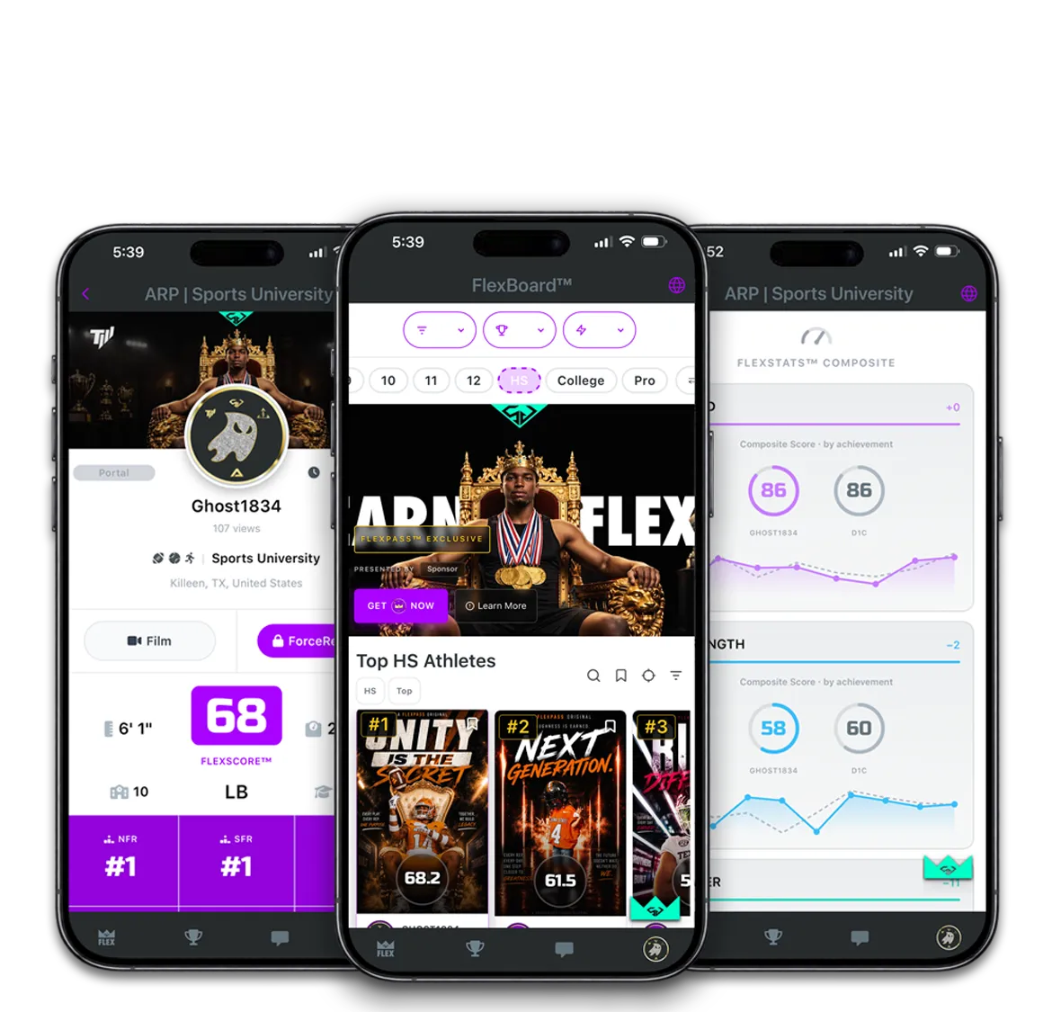 FlexPass in the Sports University app: ARP profile, FlexBoard rankings, and FlexStats composite