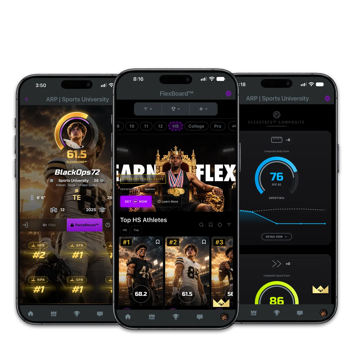 FlexPass in the Sports University app: ARP profile, FlexBoard rankings, and FlexStats composite